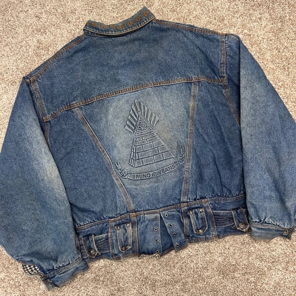 Vintage Bruno! Jeans Denim Jacket Small Belted Pyramid Eye Houndstooth 80s 90s